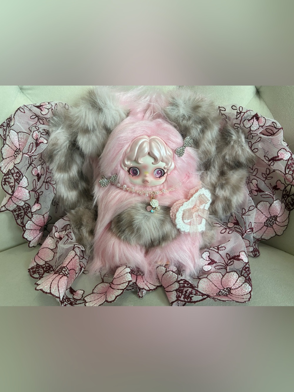 Beautiful custom skullpanda - pink, leopard, and lace - high-quality custom